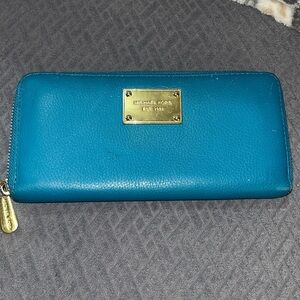 Michael Kors Teal Blue Long Zip Around Wallet with Gold Accents